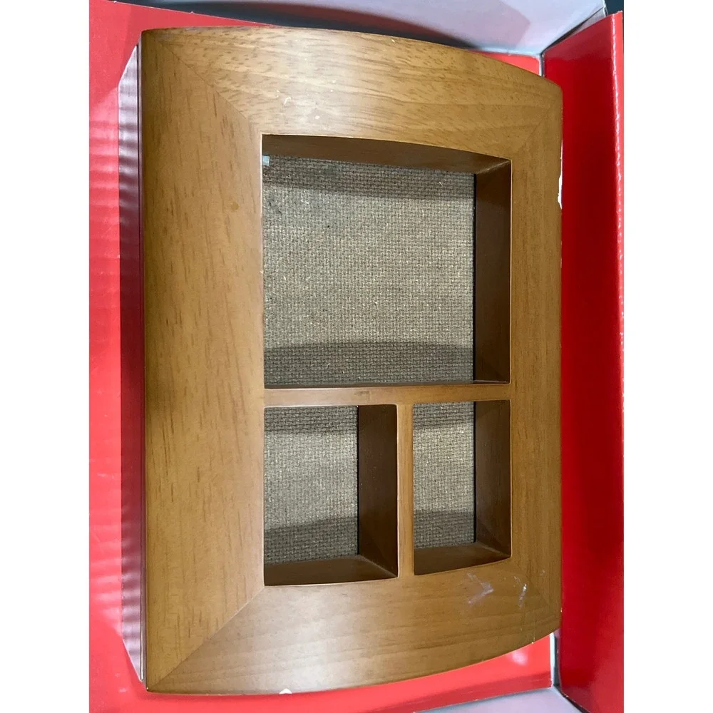 Wooden Collage Picture Frame Valet Box Curved Lid 3-Photo Storage Keepsake Case